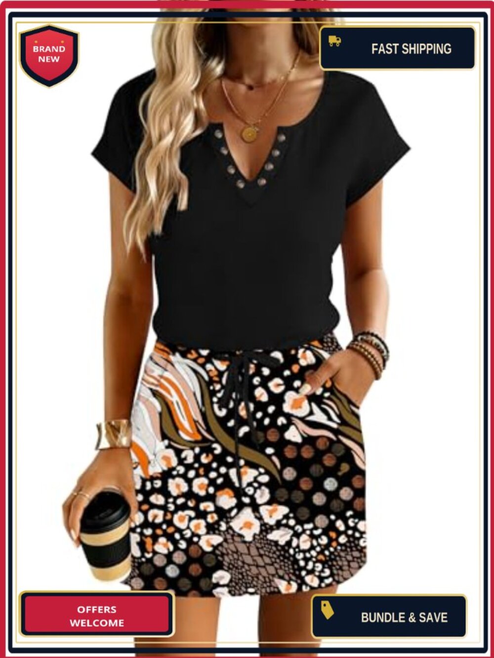 Women's Casual Summer Sundress V-Neck Drawstring Waist with Pockets